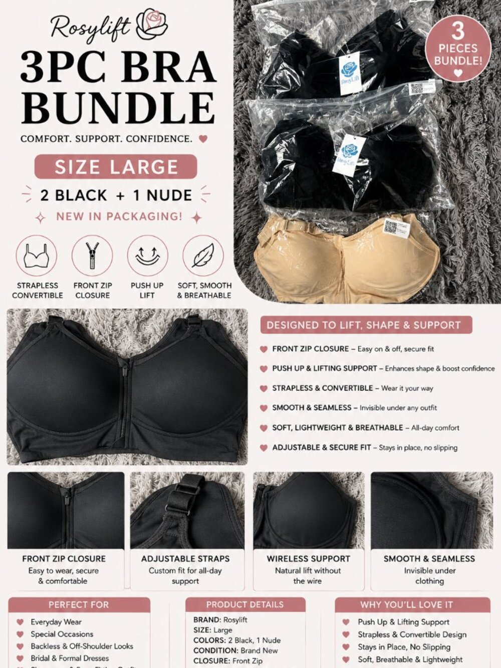 Rosylift 3PC Strapless Front Zip Shapewear Bra Bundle Size Large Black Nude NEW